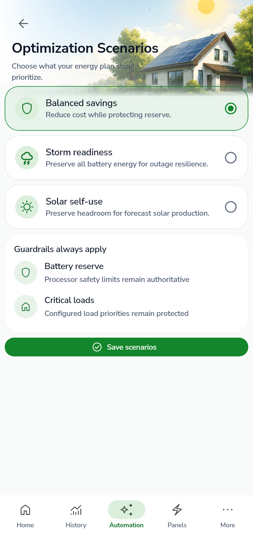 CursoVerde mobile screen for balanced savings, storm readiness, and solar self-use scenarios