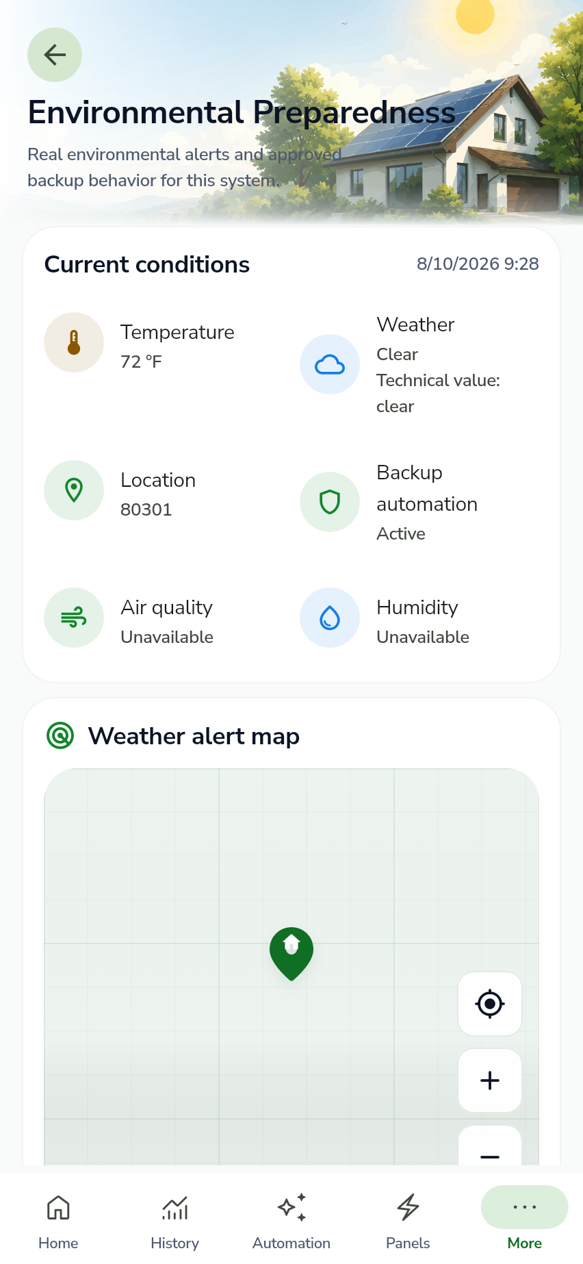 CursoVerde Environmental Preparedness screen showing current conditions and unavailable data
