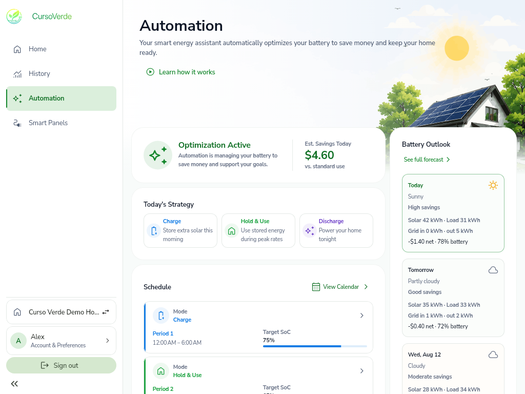 CursoVerde automation screen with strategy, schedule, and battery outlook