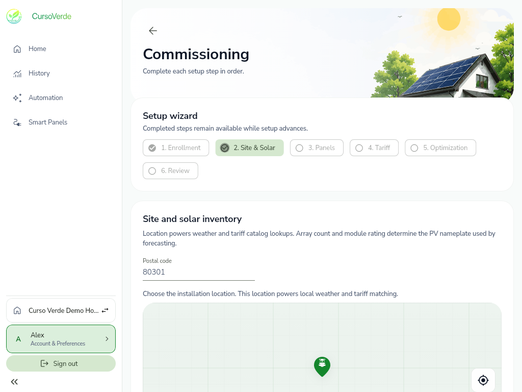 CursoVerde commissioning wizard on the Site and Solar step